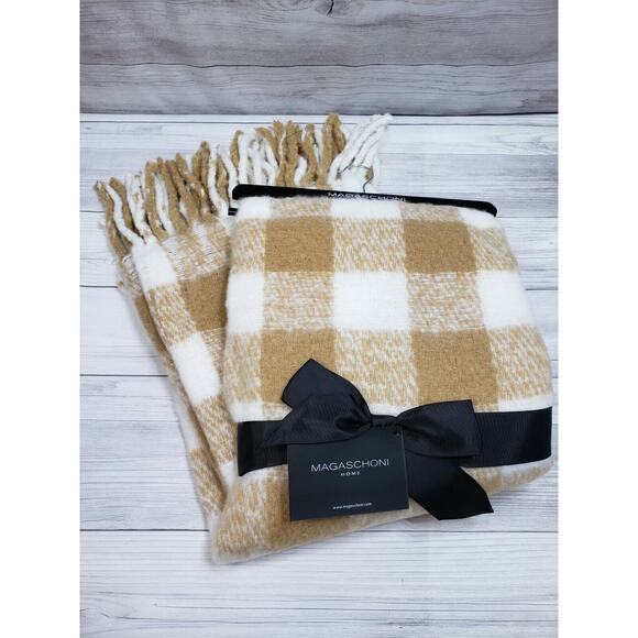 Magaschoni Home Throw Blanket 50"x60" Fringed Faux Mohair Plaid Brown & White - Picture 1 of 7
